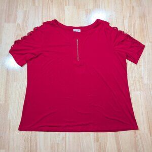 Blue Mood Red Zip Front Top Plus Size 2X Short Sleeve Lattice Sleeve